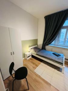 1 dormitorio con 1 cama, 1 silla y 1 ventana en Monteurswohnung an der Mulde en Döbeln