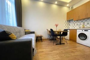 a living room with a couch and a table with a washing machine at tidy 1BR apt near to nisantasi and Taksim #302 in Istanbul