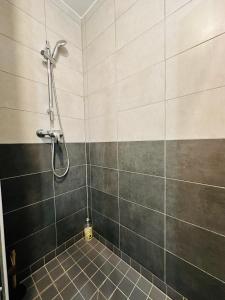 a bathroom with a shower with gray tiles at La maison de Rochefuret in Ballan-Miré