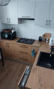 cocina con fogones y encimera en Apartament z Napoleonem w tle, en Lidzbark Warmiński