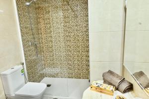 a bathroom with a toilet and a glass shower at Coqueto Apartamento de un dormitorio en el Barrio Salamanca RCT3 in Madrid