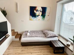 ブルノにあるUbytování Brnoのベッドルーム1室(ベッド1台付)が備わります。壁には絵画が飾られています。