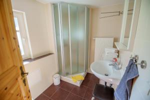 a bathroom with a sink and a glass shower at Ferienhaus Paula in Leipe