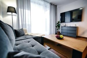 a living room with a couch and a table at Apartamenty Laguna Beskidów - A85 in Zarzecze