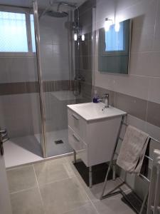 ein Bad mit einer Dusche, einem Waschbecken und einer Dusche in der Unterkunft BdB nid douillet au rdc rando ressourçante in Bagnères-de-Bigorre
