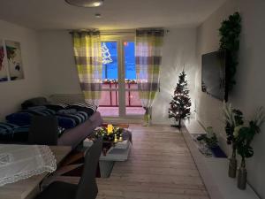 een woonkamer met een kerstboom en een bank bij Ferienwohnung "Lilly" inklusive Nutzung W-Lan Bettwäsche und Handtücher in Annaberg-Buchholz