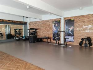 a room with a gym with equipment and a brick wall at Luxury Tangerine Suites KLIA in Sepang