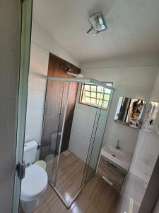 a bathroom with a shower and a toilet and a sink at Casa ponta do sol in Capitólio
