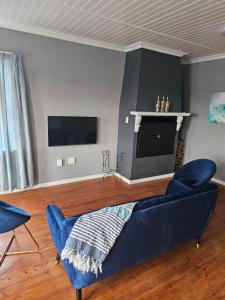 a living room with a blue couch and a tv at 9 Lourens River in Cape Town