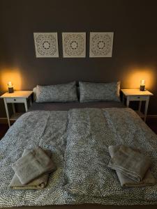 1 dormitorio con 1 cama con almohadas y 2 mesas en Stylisches Appartement "Johanna" in Weißenfels en Weißenfels