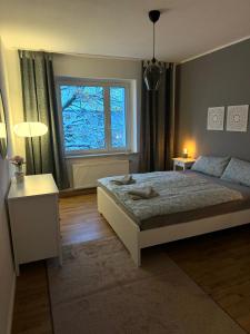 1 dormitorio con cama y ventana grande en Stylisches Appartement "Johanna" in Weißenfels en Weißenfels