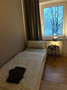 1 dormitorio con 2 camas y ventana grande en Stylisches Appartement "Johanna" in Weißenfels en Weißenfels