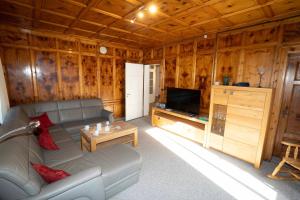 a living room with a couch and a television at Villa Hartenfels 2 in Scuol