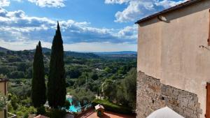 a view from a building with trees and a pool at Madonna del Poggio B&B in Scarlino