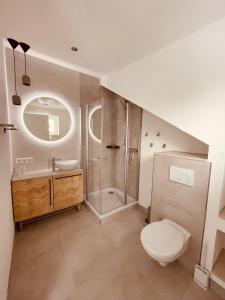 a bathroom with a shower and a toilet and a sink at Ferienwohnung Balkonien in Wangen im Allgäu