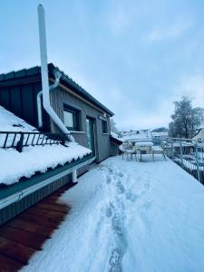 a yard covered in snow next to a house at Ferienwohnung Balkonien in Wangen im Allgäu