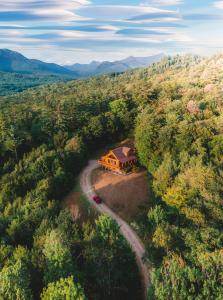 an aerial view of a house in the middle of a forest at Mad River Cozy Cabin in Campton