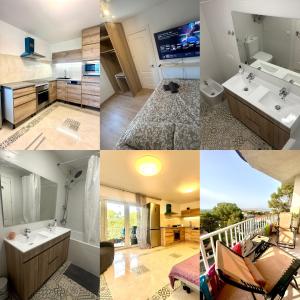 eine Collage mit vier Bildern eines Badezimmers in der Unterkunft Con vistas al mar y PortAventura in Salou