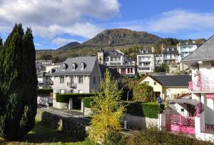 a city with houses and a mountain in the background at T3 indépendant Villa Heas in Argelès-Gazost