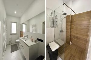 twee foto's van een badkamer met een douche en een wastafel bij Apartament la munte in Borşa