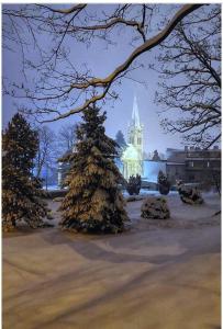 a christmas tree with a church in the background at Apartament u Danusi in Złoty Stok