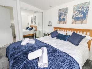 a bedroom with two beds with blue and white sheets at Osprey View Lodge & Hot Tub in Aberfeldy