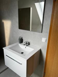 y baño con lavabo blanco y espejo. en Suite 4 SZ-Lichtenberg, en Salzgitter