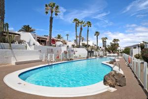 a large swimming pool in a resort with palm trees at Puerto Chico A in Playa Blanca