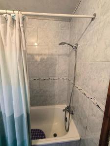 y baño con ducha y cortina de ducha. en Nómada Austral, en Puerto Montt