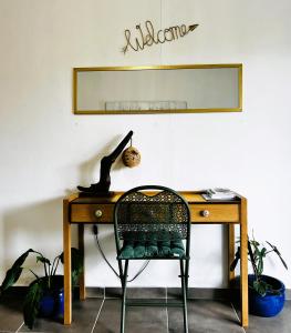 a desk with a chair and a mirror at La Villa Louisia in Matoury