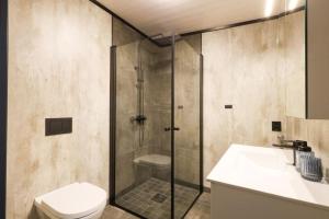 e bagno con doccia, servizi igienici e lavandino. di Luksus panorama hytte -H25 a Mestervik