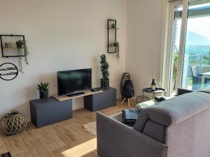 a living room with a couch and a flat screen tv at Vigna Panorama in Gera Lario