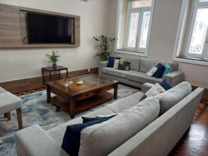 Casa das Luzes Hostel IVN في ريو دي جانيرو: غرفة معيشة مع أريكة وطاولة قهوة