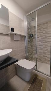 ein Badezimmer mit Dusche, Toilette und Waschbecken in der Unterkunft La Petite Maison Coazze in Coazze