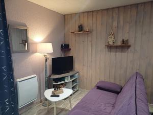 a living room with a purple couch and a tv at Entre Montagnes et Lacs in La Bresse