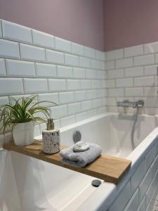 La salle de bains est pourvue d'une baignoire avec une plante sur une étagère. dans l'établissement De Koer Kanne, à Kanne