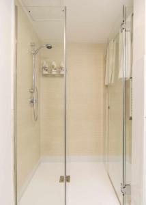 a shower with a glass door in a bathroom at Luxury duplex close to Gran Via Colon in Madrid