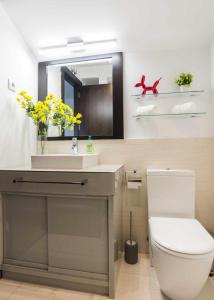 a bathroom with a sink and a toilet and a mirror at Luxury duplex close to Gran Via Colon in Madrid
