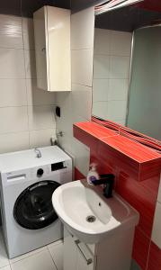 uma pequena casa de banho com uma máquina de lavar roupa e um lavatório em Apartament Na Wspólnej em Sosnowiec