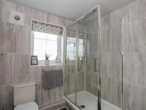 a bathroom with a shower and a toilet at Ty'n Lon in Penrhos-Lligwy +43 photos