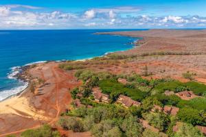 eine Luftansicht auf einen Strand und das Meer in der Unterkunft Paniolo Hale in Maunaloa