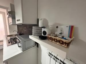 a white kitchen with a counter top with a microwave at La casa di Stella in Isernia