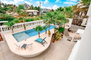 una vista aérea de una piscina con palmeras en Casa Tranquila, en Caye Caulker
