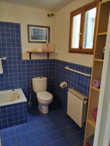 a blue tiled bathroom with a toilet and a sink at Can Penjarella II in Arbúcies