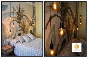 two pictures of a bedroom with a bed and lights at Casa Rístori Mirador in Manzanares