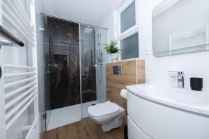 La salle de bains est pourvue de toilettes, d'un lavabo et d'une douche. dans l'établissement Like Home, à Oradea