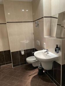 un baño con inodoro y lavabo en Wohlfühlen in perfekter Lage, en Dresden