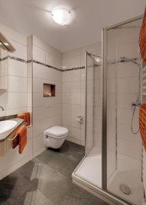uma casa de banho com um chuveiro, um WC e um lavatório. em Pension Maximilian em Bad Füssing