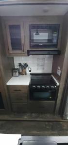 a small kitchen with a stove and a microwave at So "Time to Wander" A pet friendly beach retreat in Fort Myers