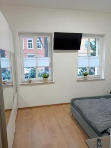 1 dormitorio con 3 ventanas y 1 cama. en Top Ferienwohnung in sehr guter Lage en Dresden
